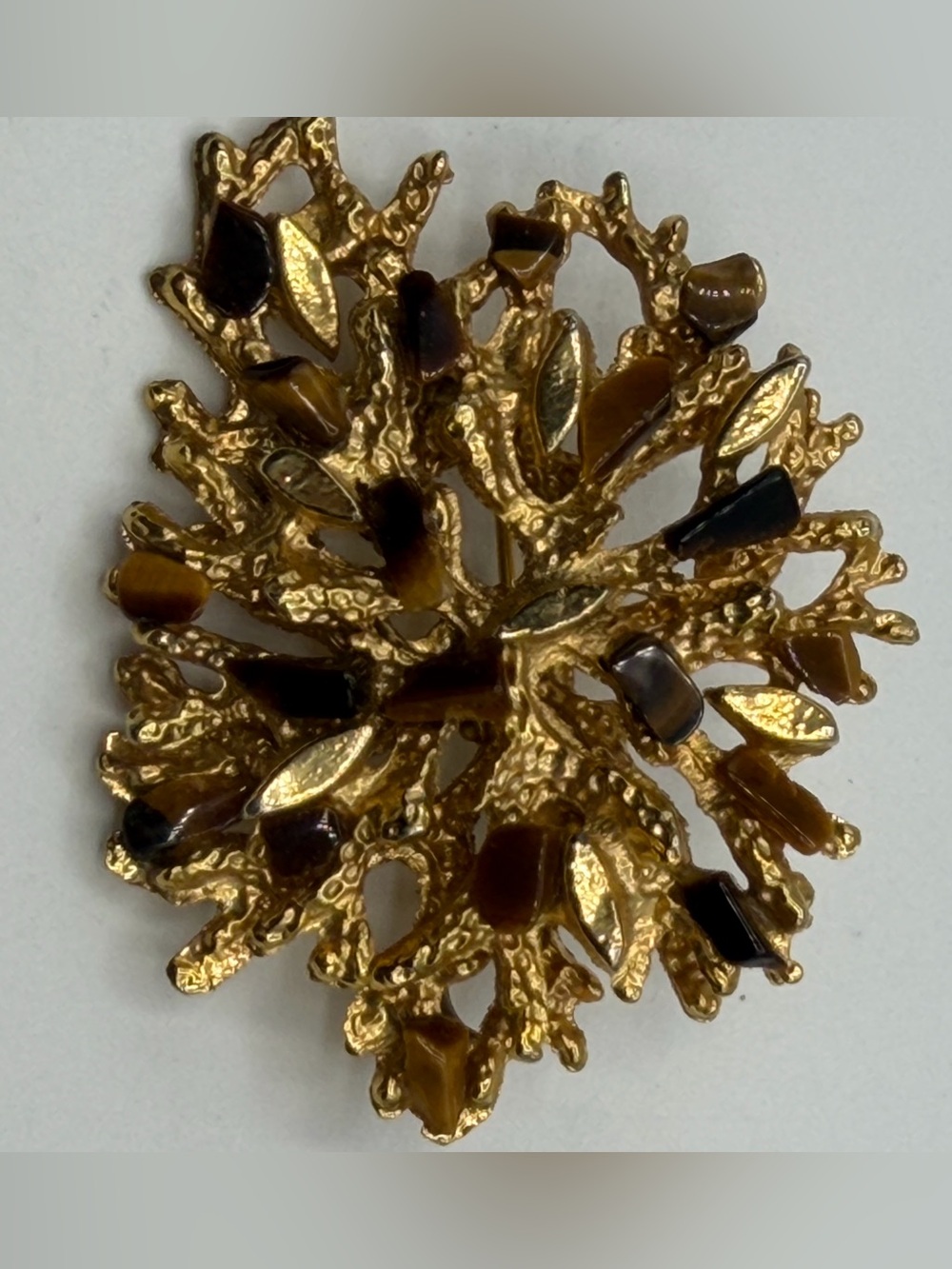 Vintage Gold Tone Branch Coral Style Brooch with Tiger's Eye Stones